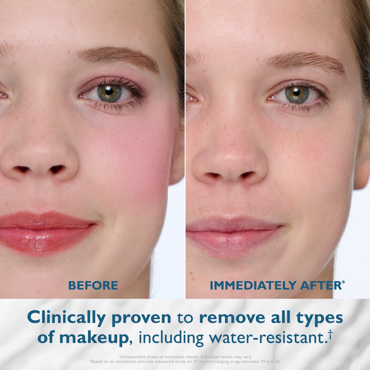 Before and after comparison of a person's face with text indicating makeup removal.