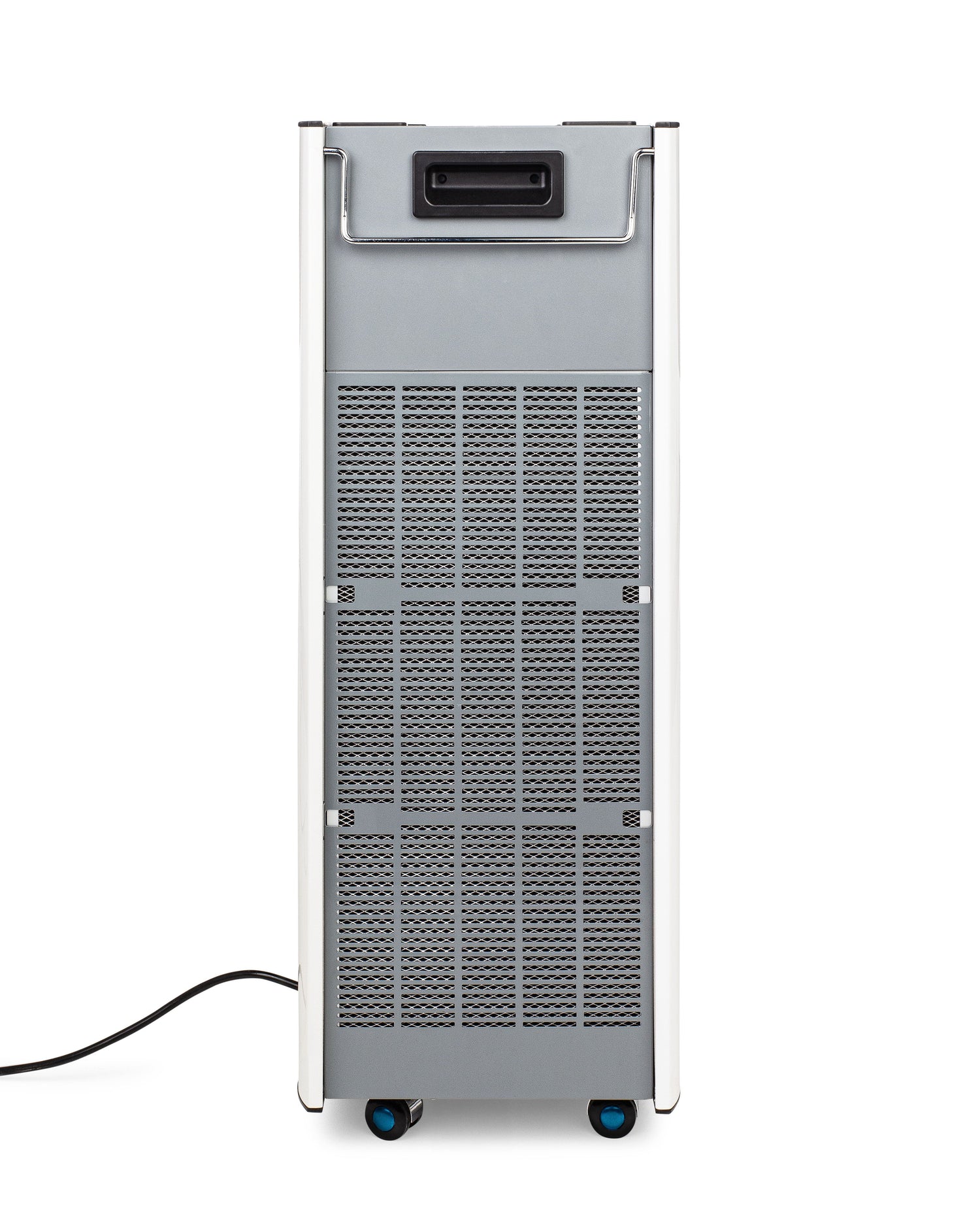 Gray dehumidifier with a power cord on a white background