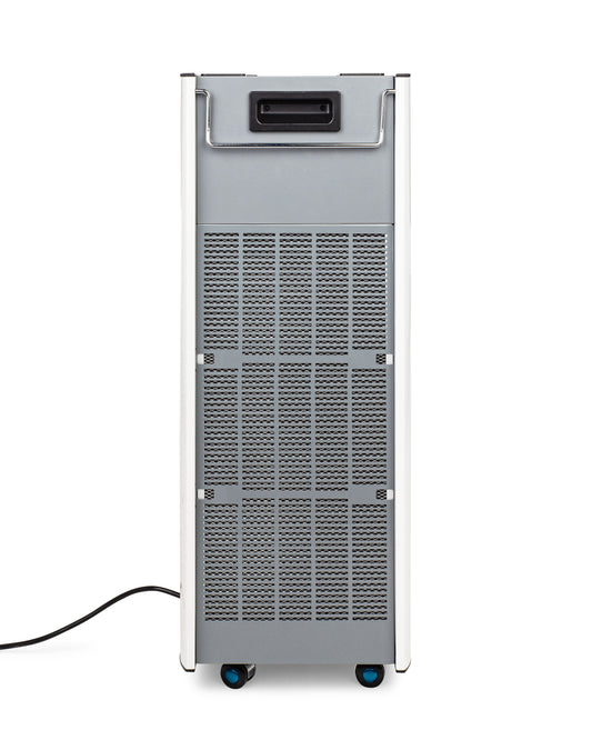 White air purifier with digital display on a white background