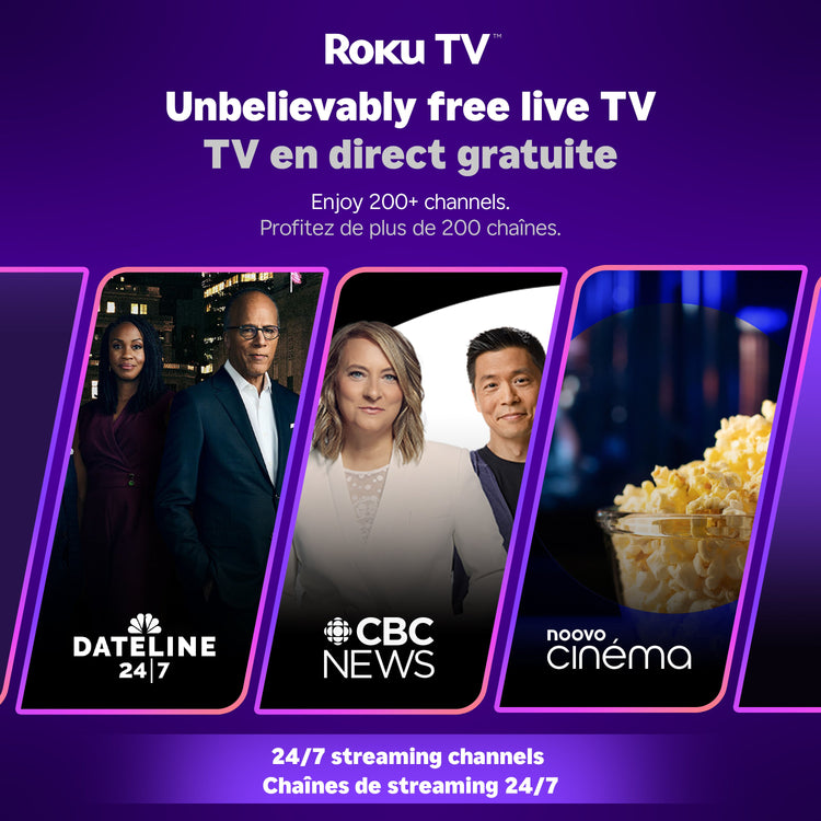 Advertisement for Roku TV with images of people and a bowl of popcorn on a purple background.