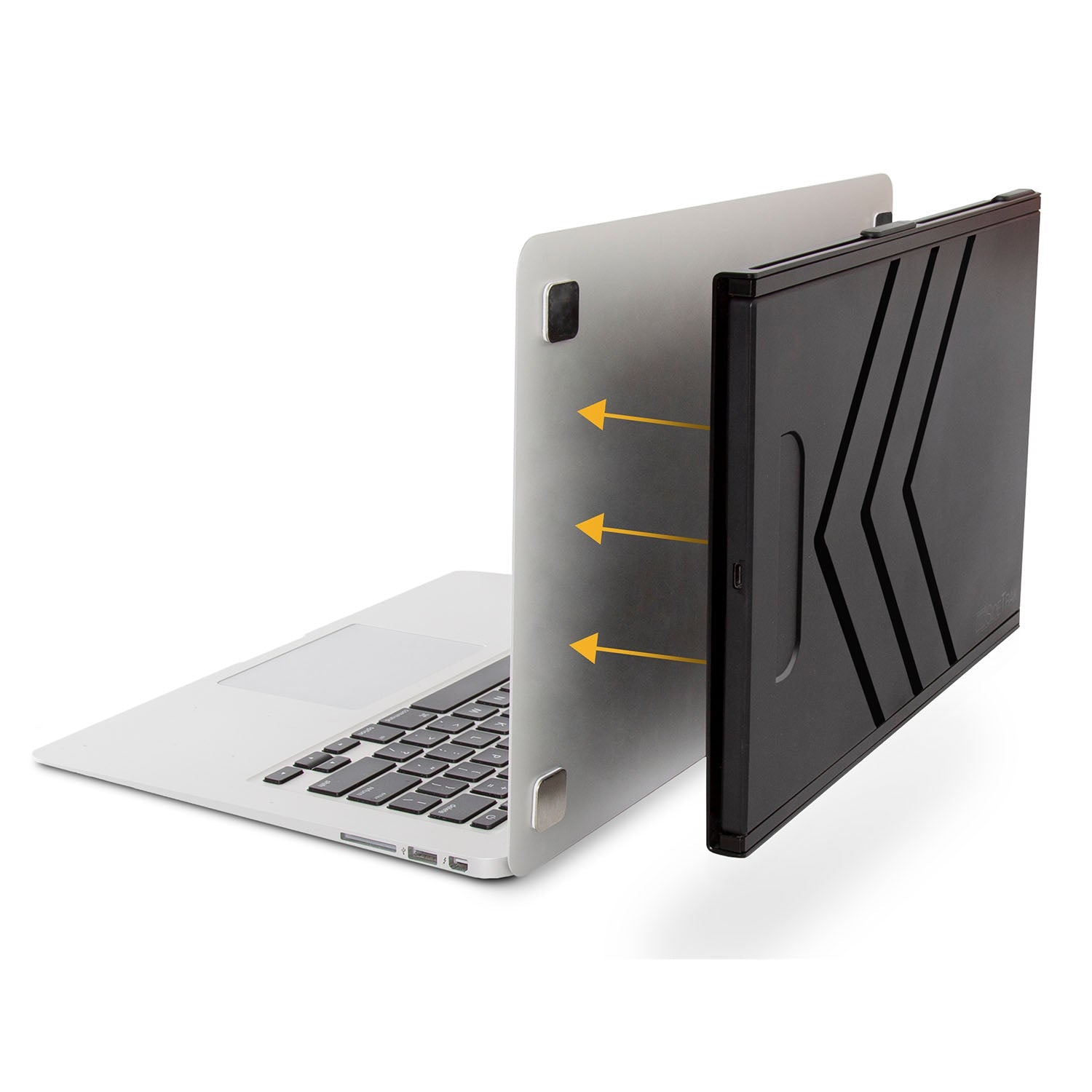 Laptop with a black cooling pad on a white background