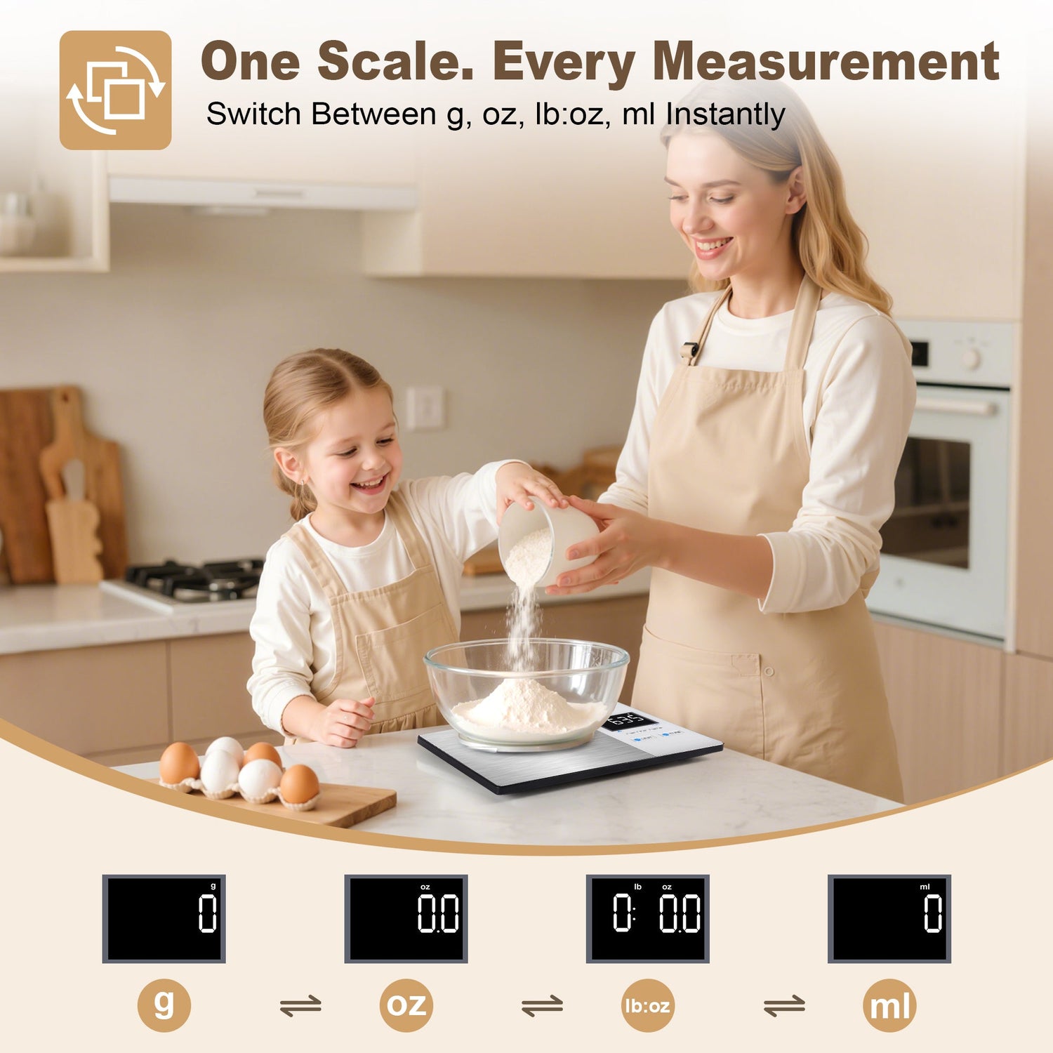 Woman and child in a kitchen using a digital kitchen scale with measurement conversion graphics.