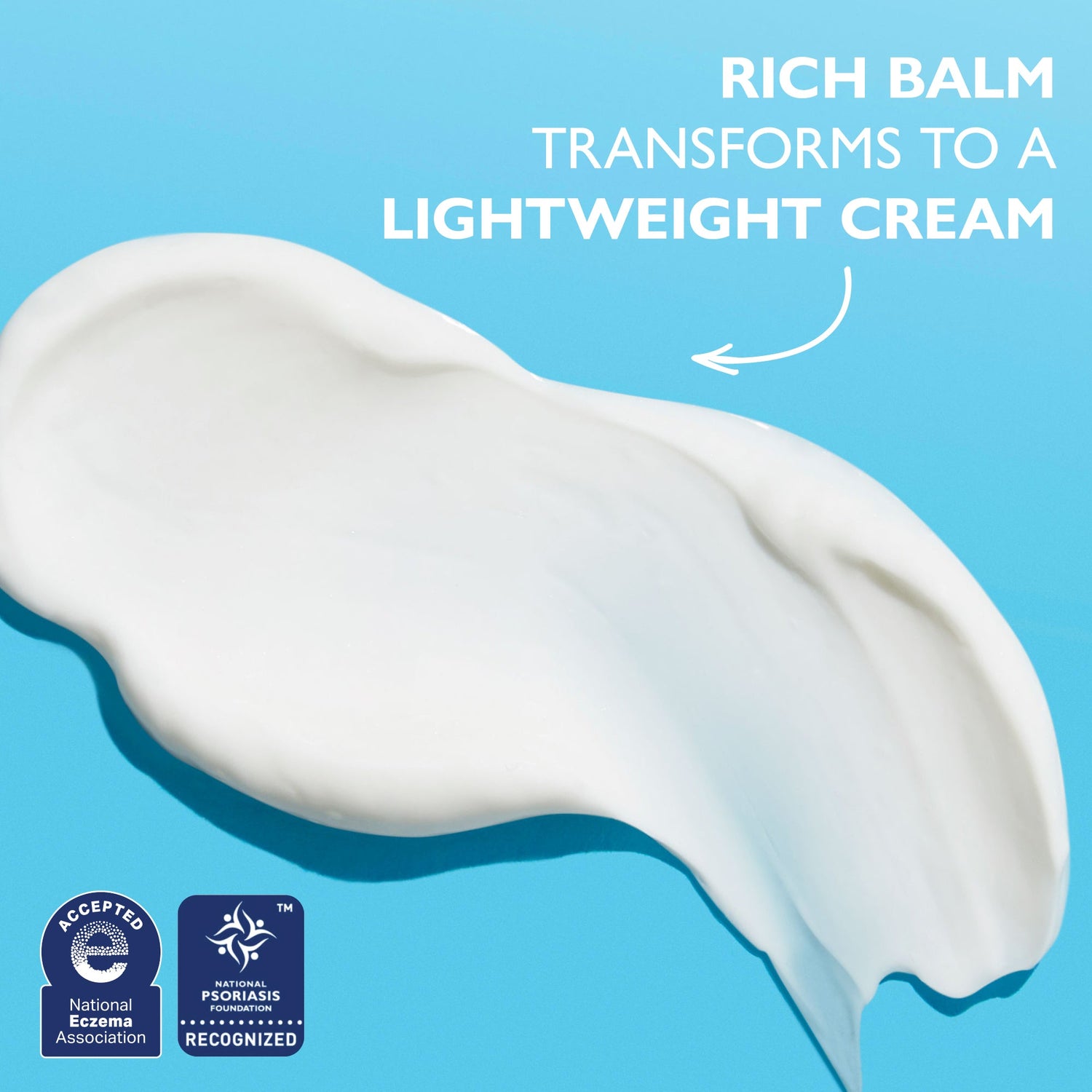 White cream on a blue background with text indicating transformation from rich balm to lightweight cream.
