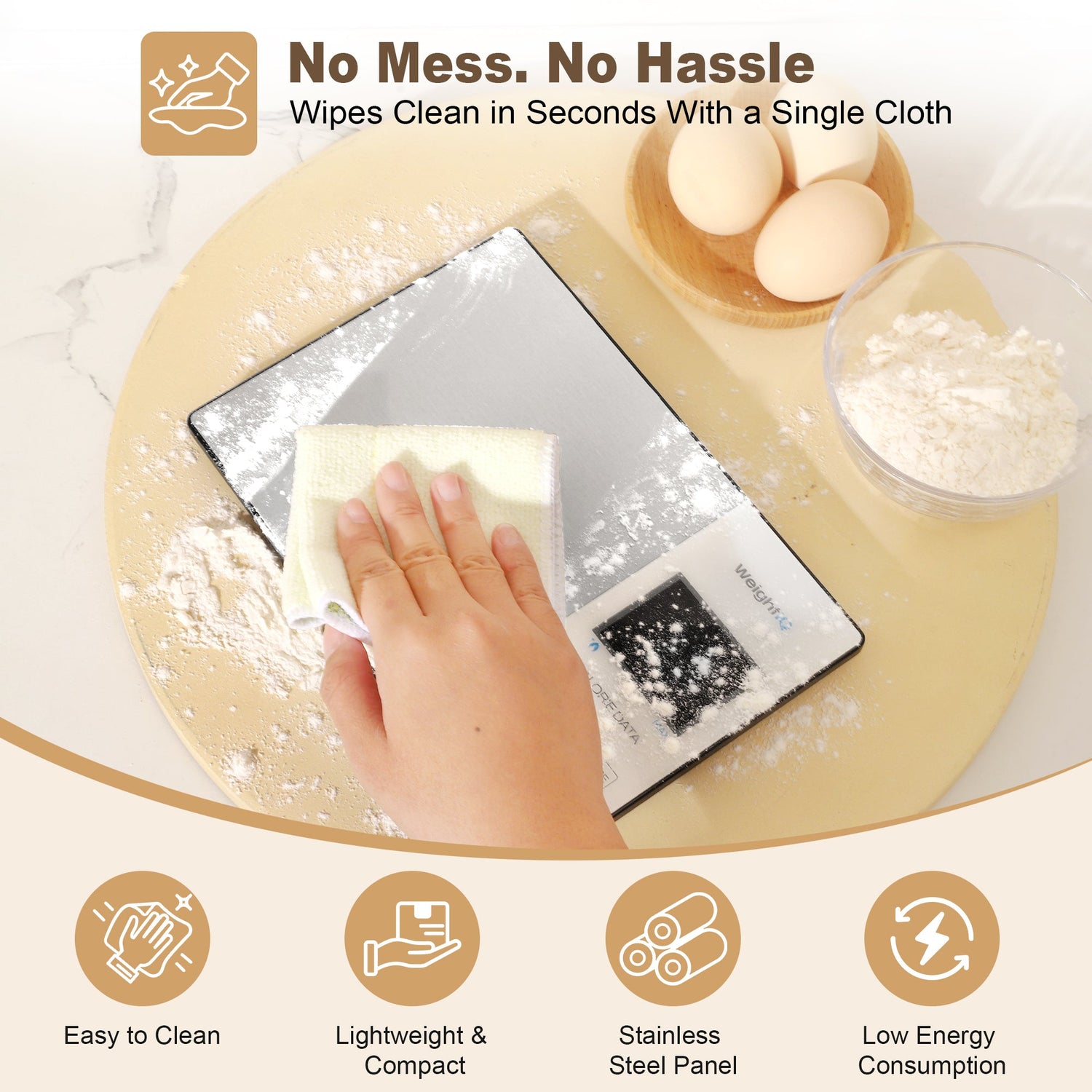 Person cleaning a stainless steel panel with a cloth on a kitchen counter, with text highlighting features.