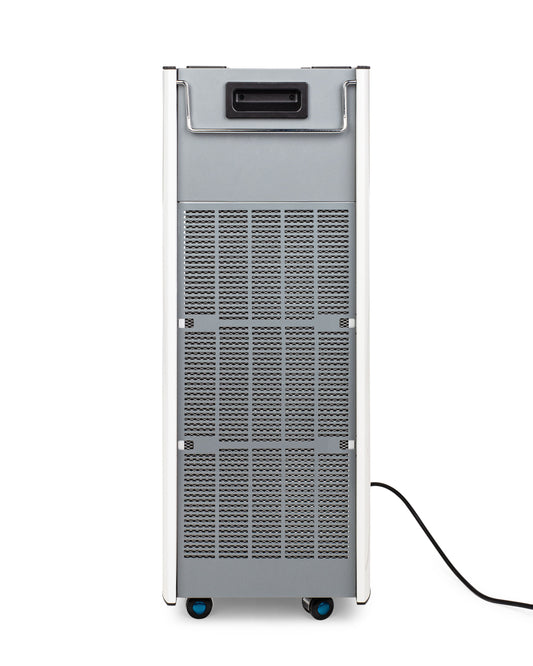 White air purifier with digital display on a white background