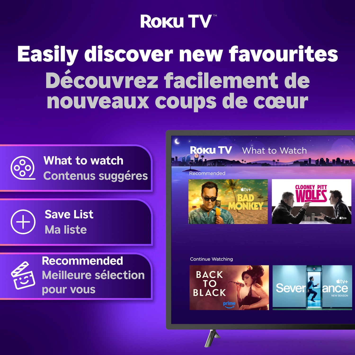 Roku TV interface with movie recommendations on a purple background