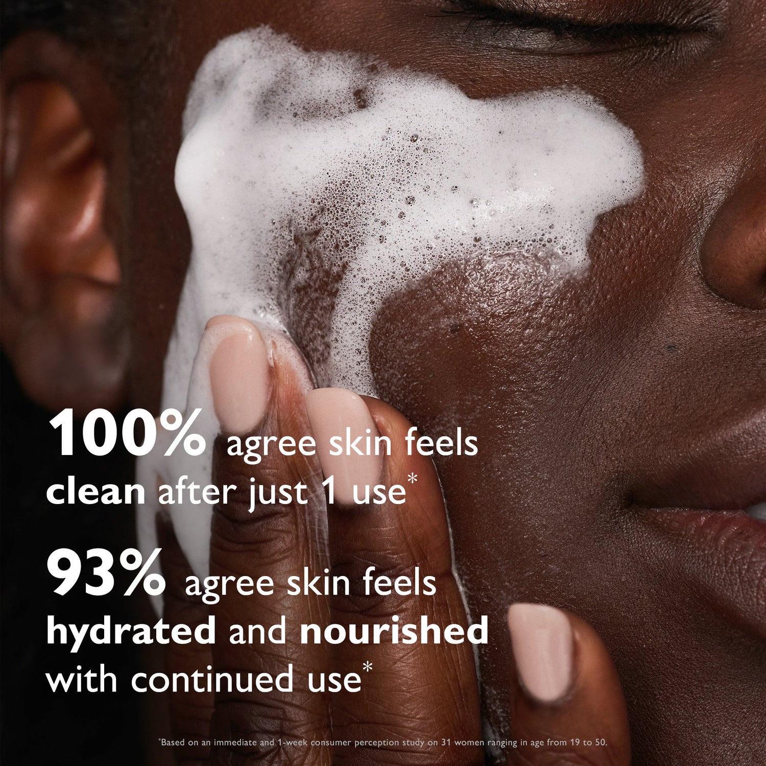 Person applying a skincare product to their face with text about skin feel and hydration.