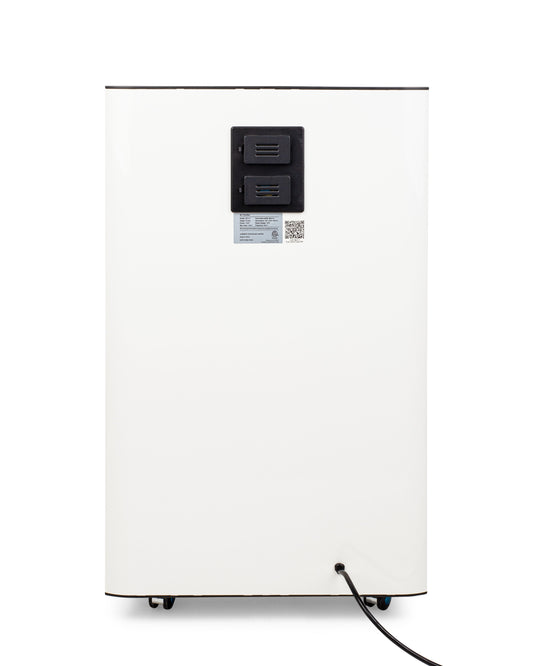 White air purifier with digital display on a white background