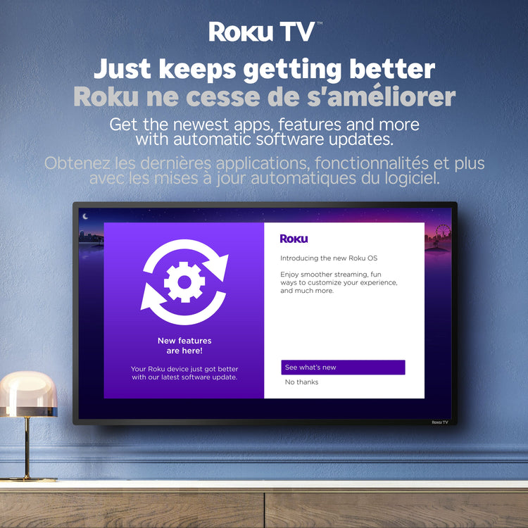 Roku TV screen displaying software update message on a blue wall background