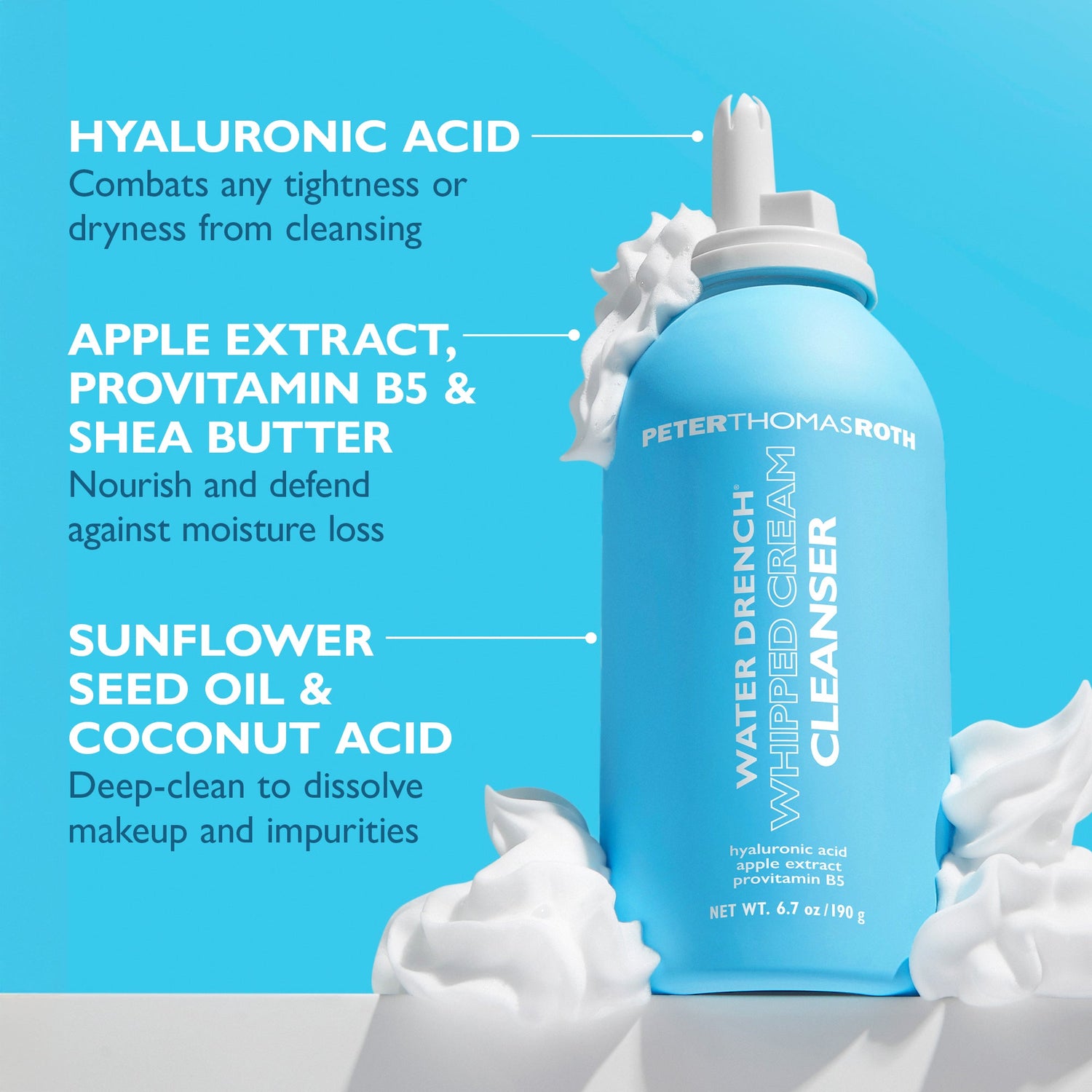 Blue bottle of Peter Thomas Roth Water Drench Whipped Cream Cleanser with text detailing ingredients on a blue background