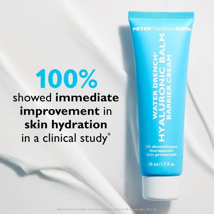 Blue tube of Peter Thomas Roth Water Drench Hyaluronic Balm on a white background with text about skin hydration improvement.