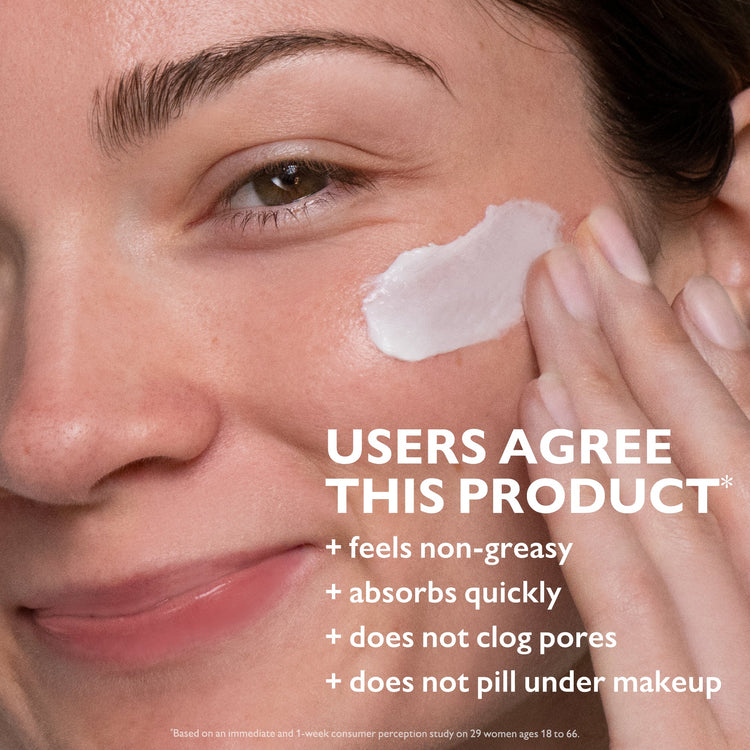 Woman applying a skincare product to her face with text highlighting product benefits.