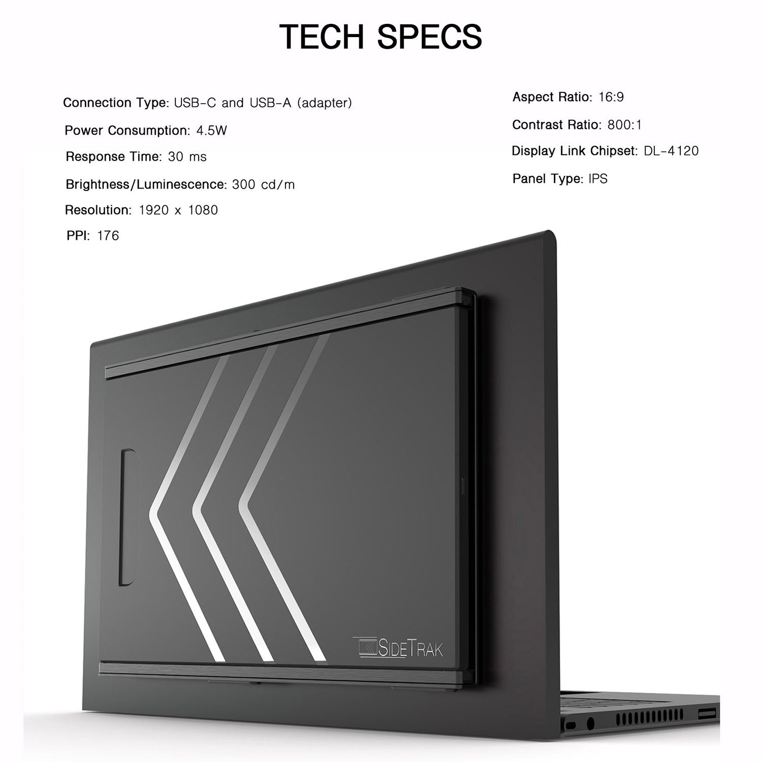 Laptop with tech specs displayed on a white background