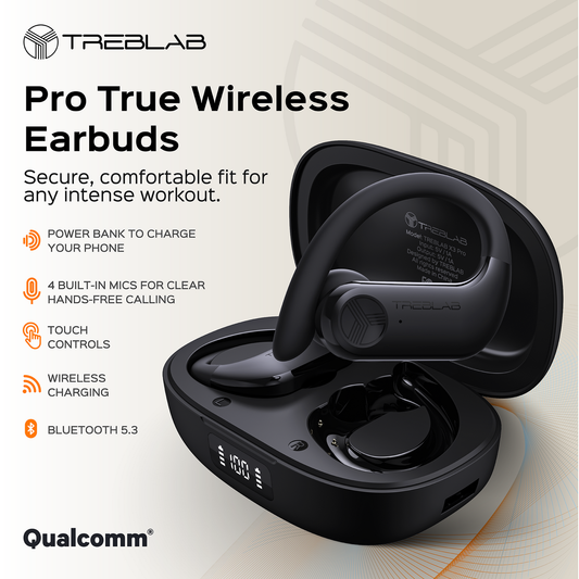 Black wireless earbuds with charging case on a white background