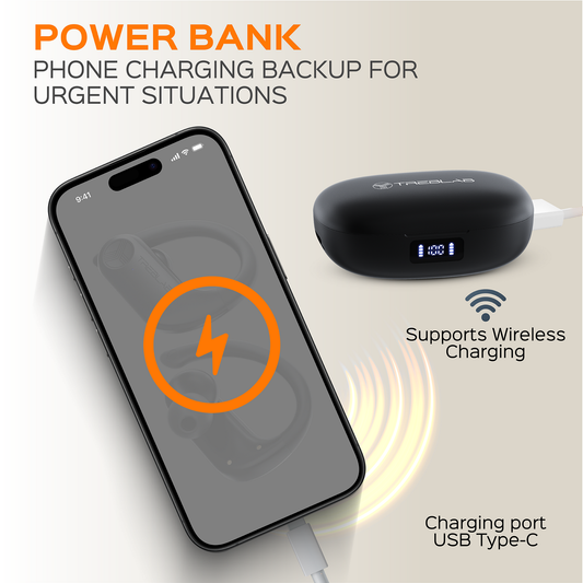 Black wireless earbuds with charging case on a white background