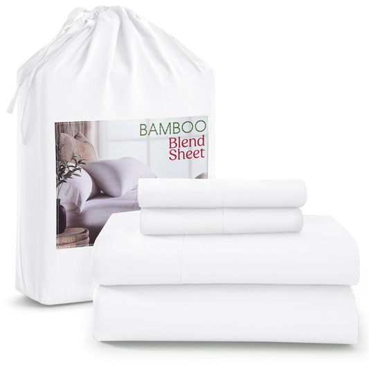 Bamboo blend sheet set with packaging on a white background
