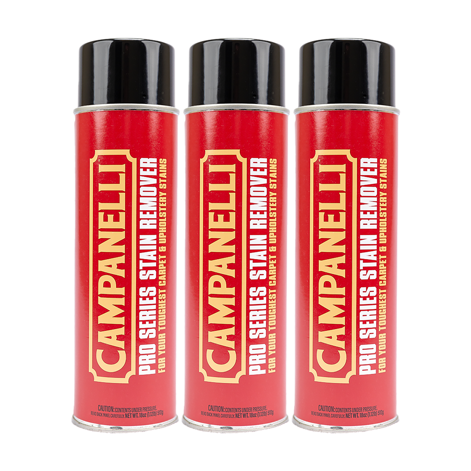 Three cans of Campanelli Pro Series Stain Remover on a white background