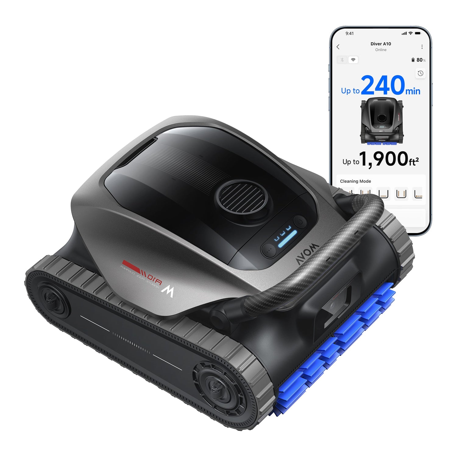 Robotic vacuum cleaner with smartphone displaying app interface on a white background
