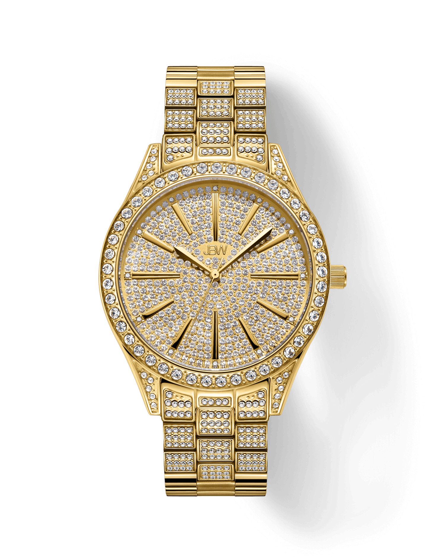 The JBW Cristal 39 | J6346A is a gold-plated stainless steel watch adorned with small diamonds on the face, bezel, and band. It features gold hour markers and hands with the JBW logo on the white dial.