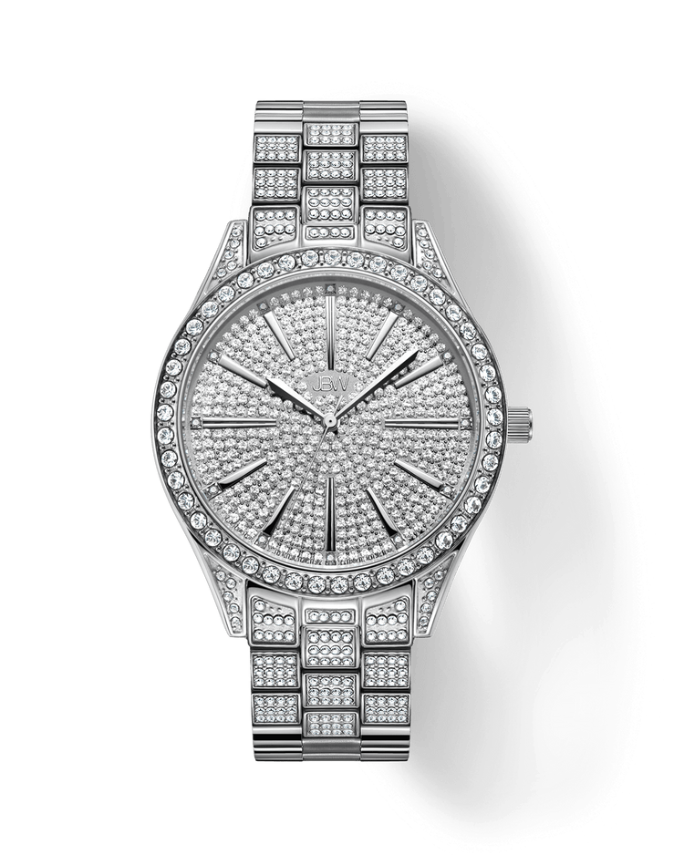 The JBW Cristal 39 (J6346C-GA Grade A) is a silver diamond watch with a stainless steel band, featuring sparkling crystals on the face, bezel, and links for a highly decorative and luxurious look.