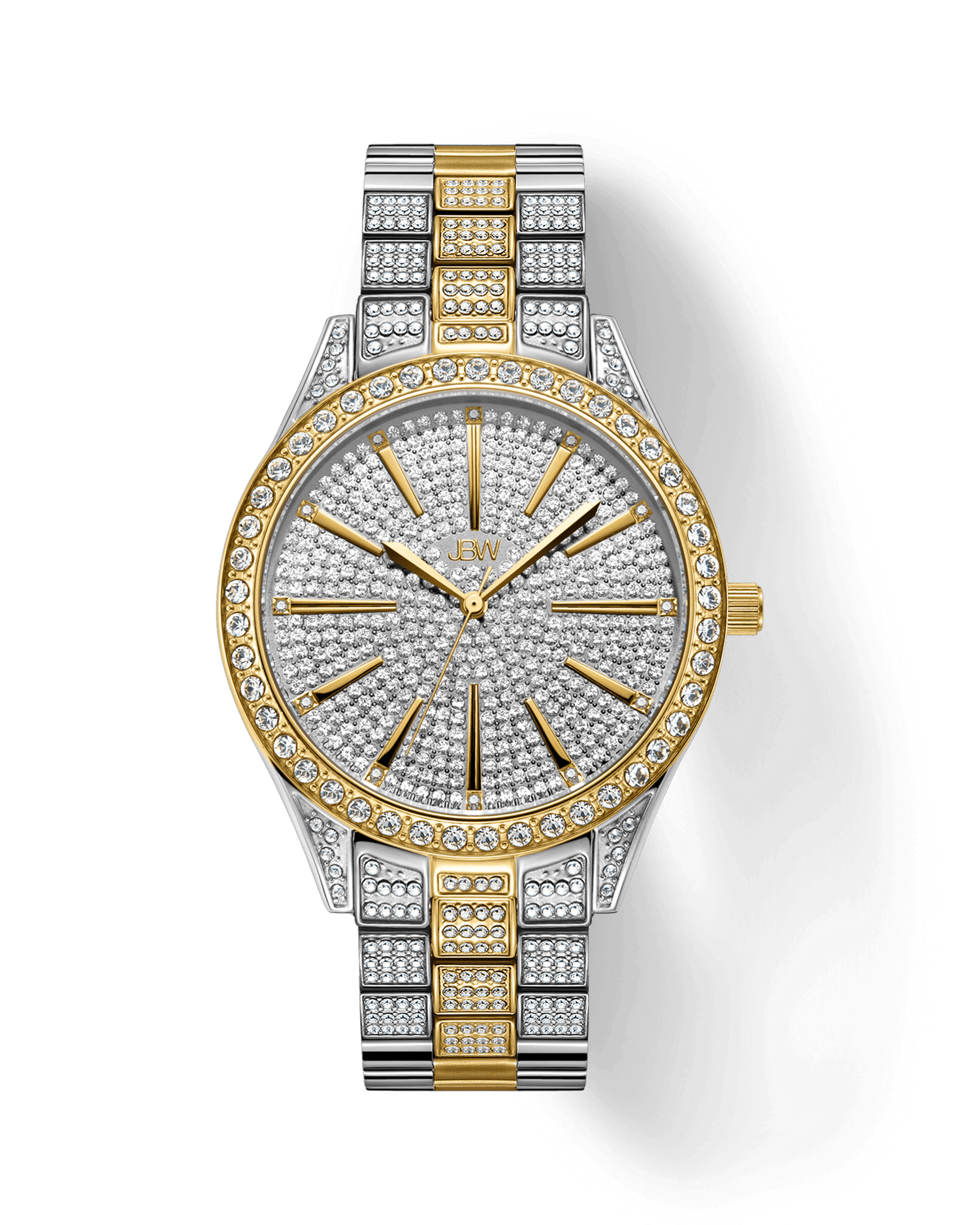 The JBW Cristal 39 | J6346D is a luxury diamond watch with a gold-plated stainless steel band, round face encrusted with crystals, Swiss movement, and gold-tone hour markers and hands.