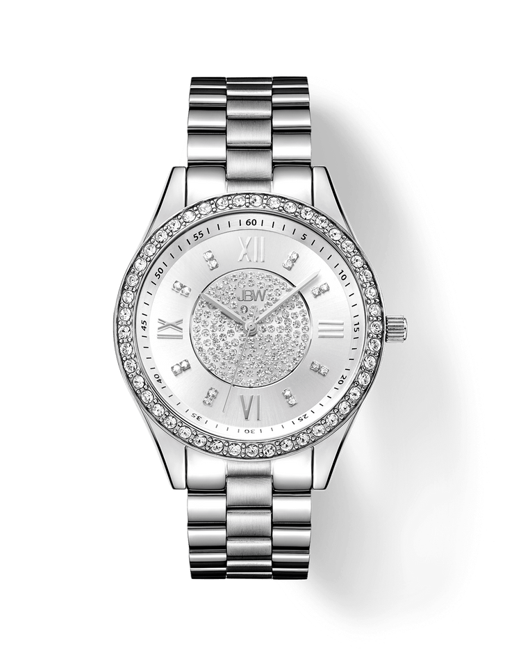Silver watch with gemstone accents on a black background