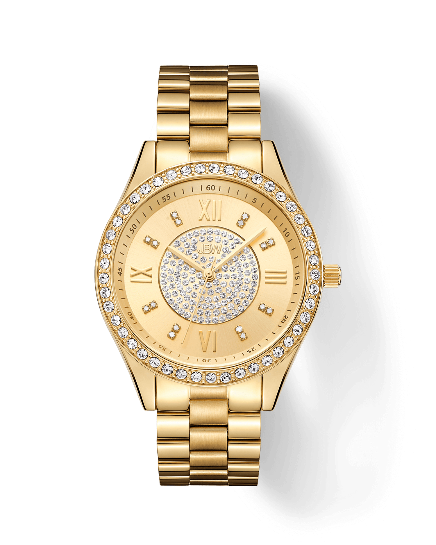 Gold watch with diamond-studded face on a green background