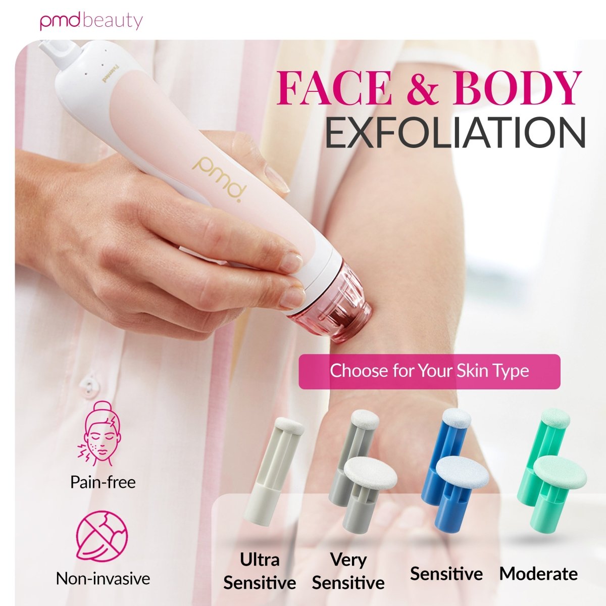 PMD Beauty device for face and body exfoliation with product packaging and skin type options.