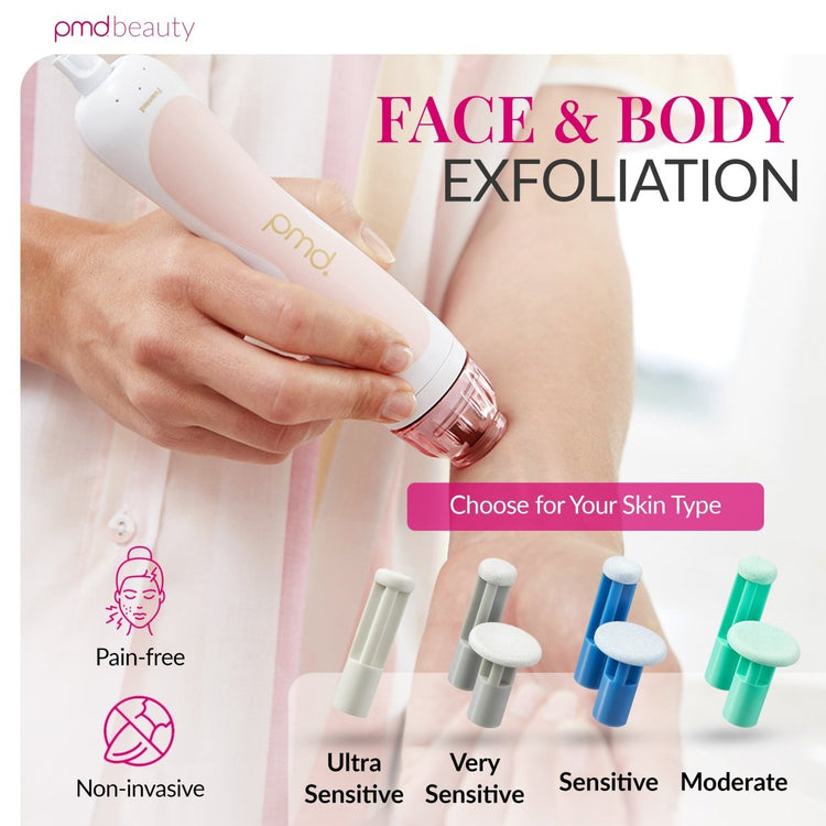 PMD Beauty device for face and body exfoliation with product packaging and skin type options.