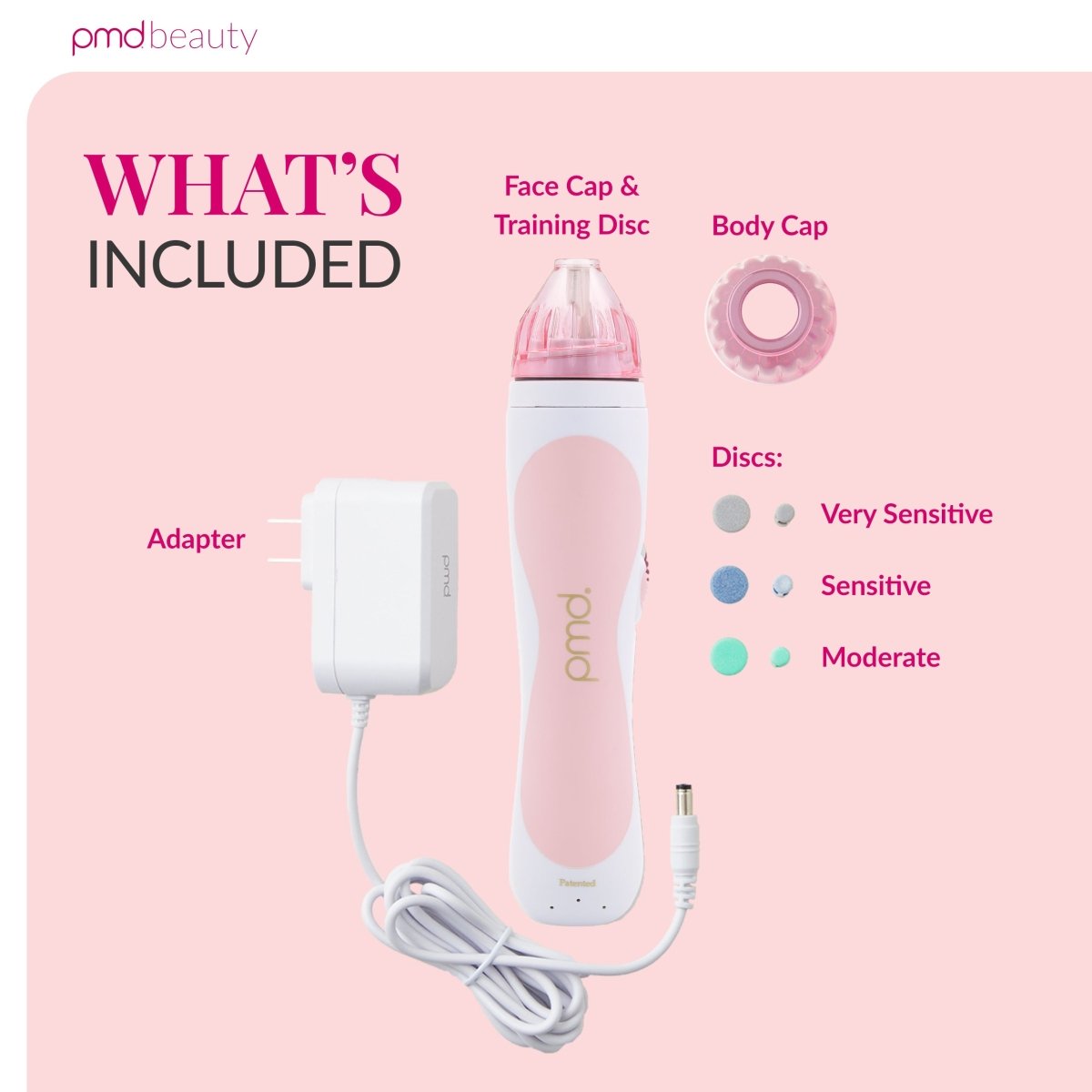 PMD beauty device with components on a pink background
