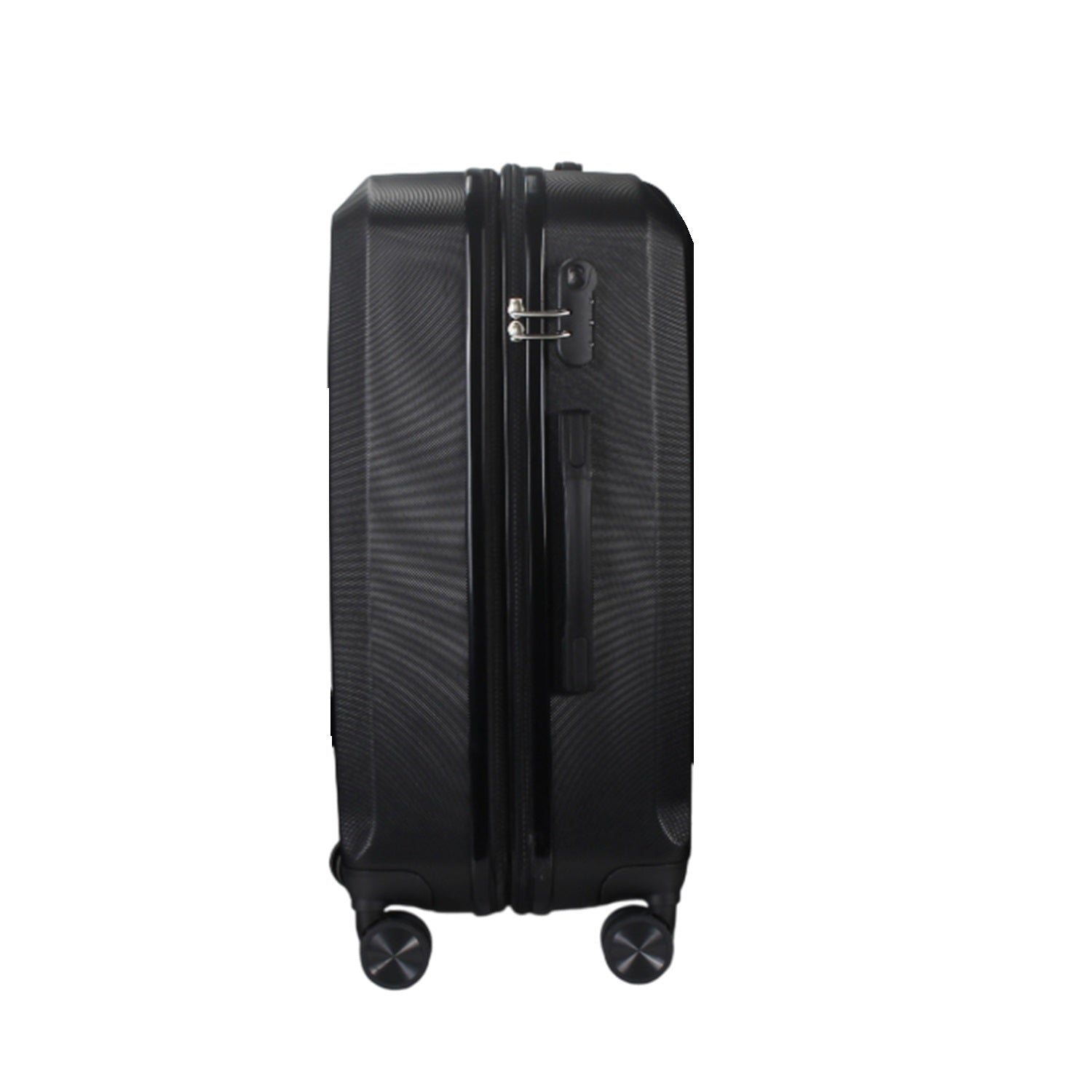 Black suitcase with wheels on a white background