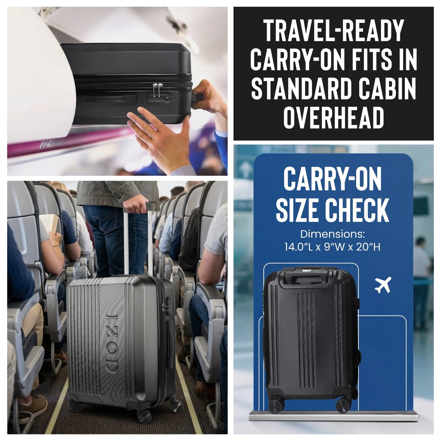 Collage of travel-related images including a suitcase, airplane seats, and a carry-on size check chart.