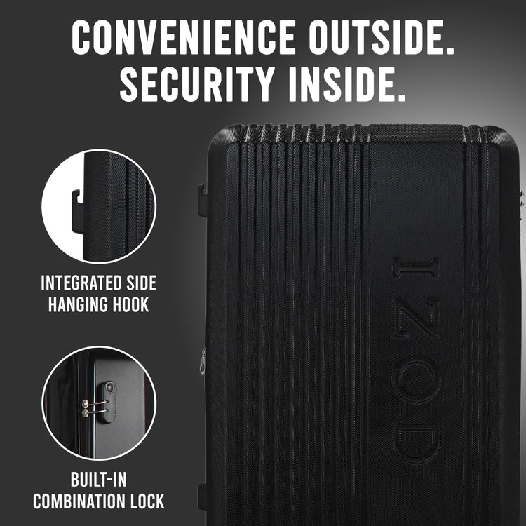 Black suitcase with features highlighted on a dark background