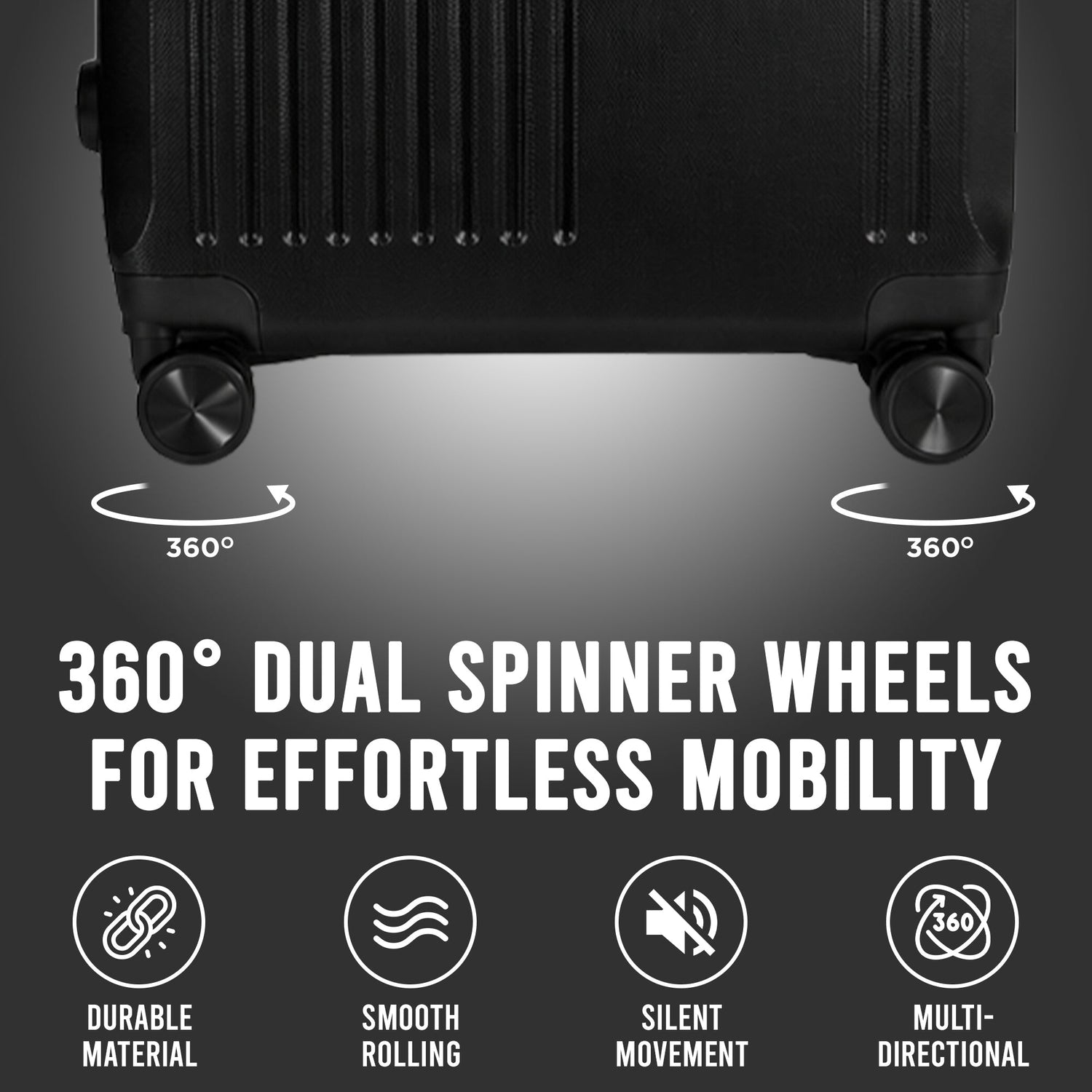 Black suitcase with 360-degree dual spinner wheels on a gray background, highlighting features.