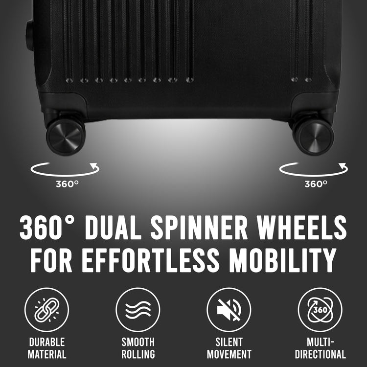 Black suitcase with 360-degree dual spinner wheels on a gray background, highlighting features.