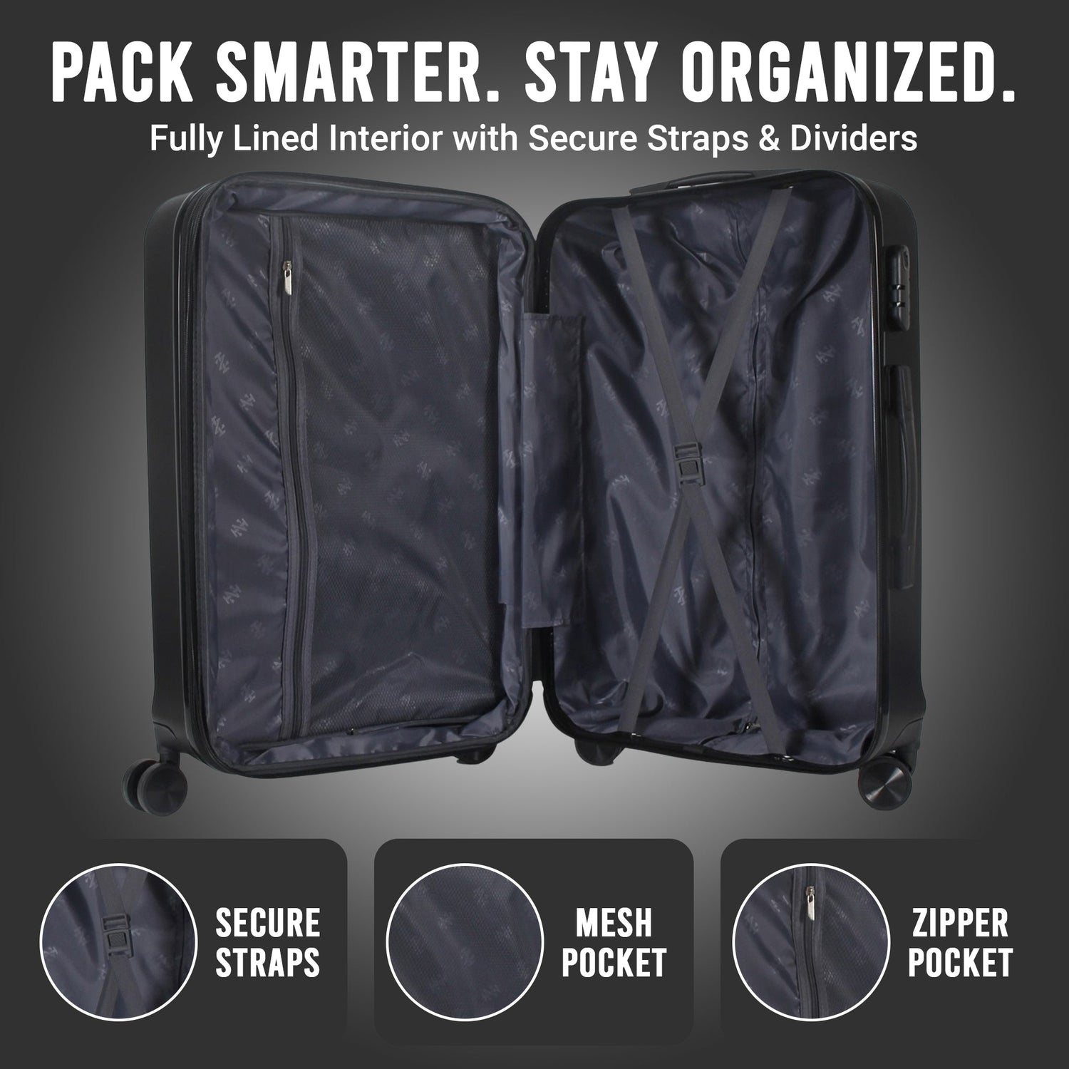 Black suitcase with open lid showing interior features on a gray background