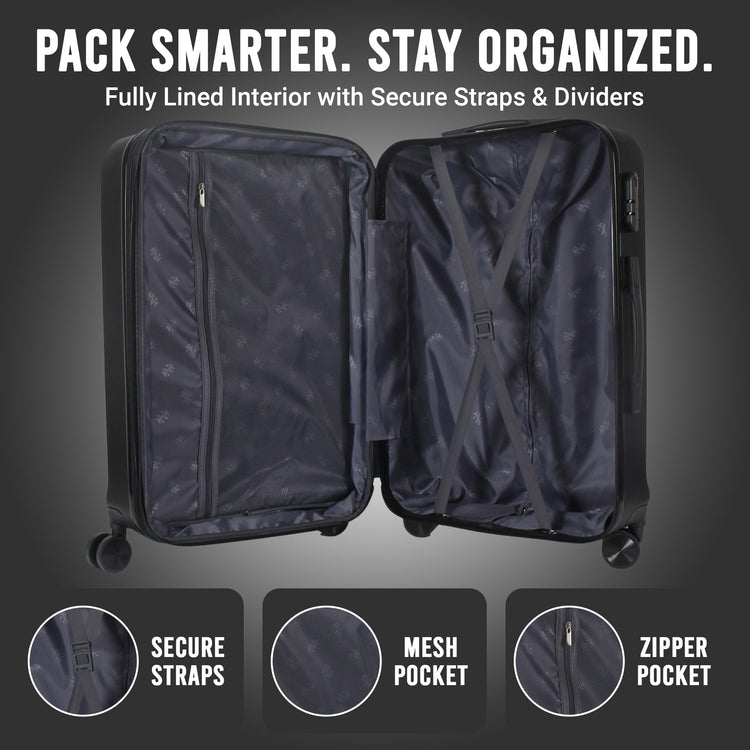 Black suitcase with open lid showing interior features on a gray background