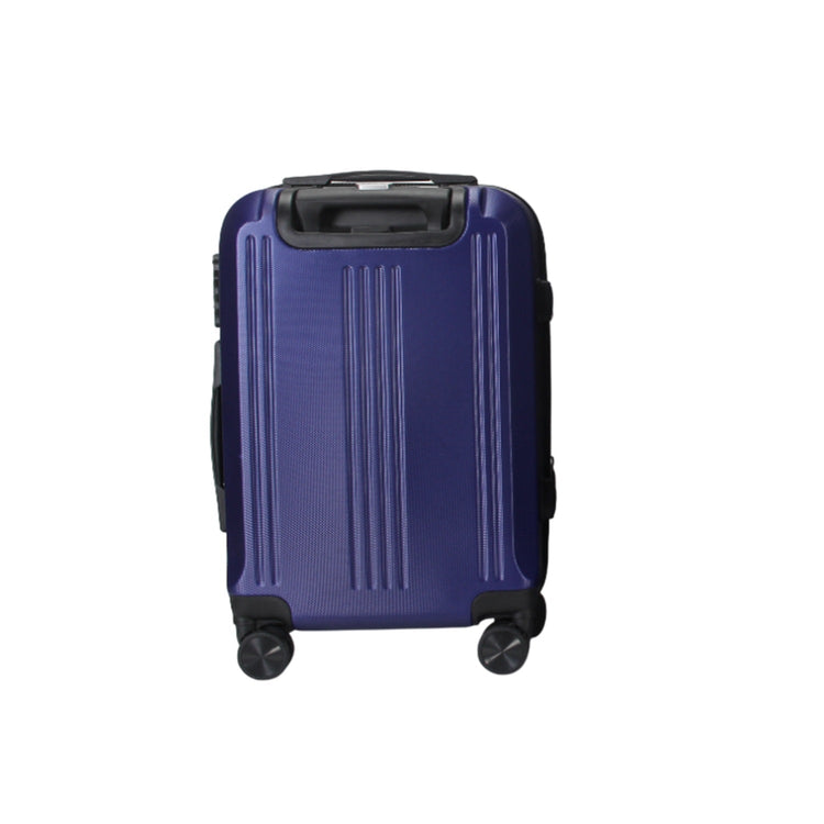 Blue suitcase with black wheels on a white background