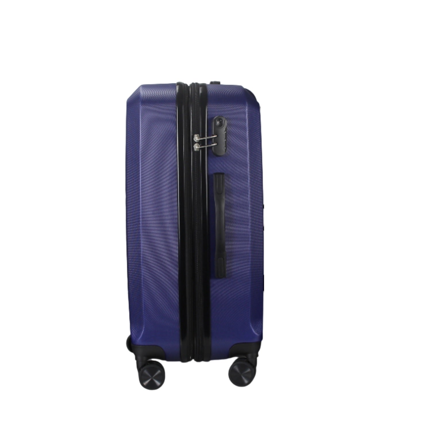 Blue suitcase with a black handle on a white background