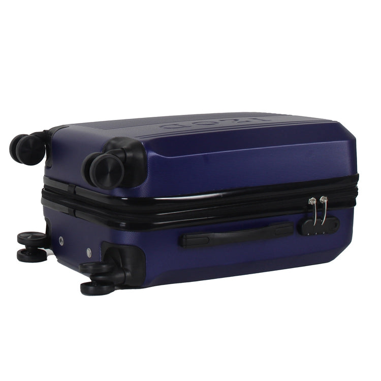 Blue suitcase with black handle and wheels on a white background