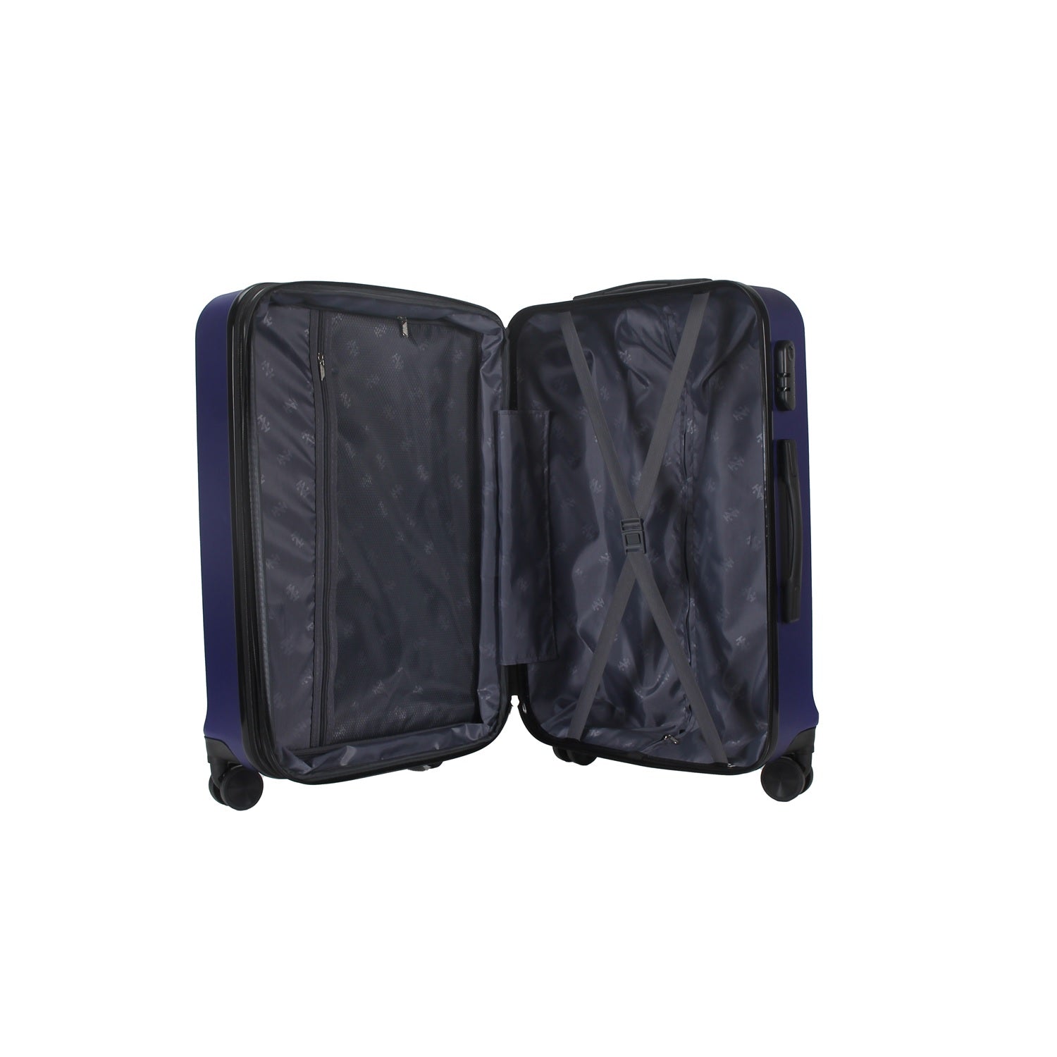 Open navy blue suitcase on a white background