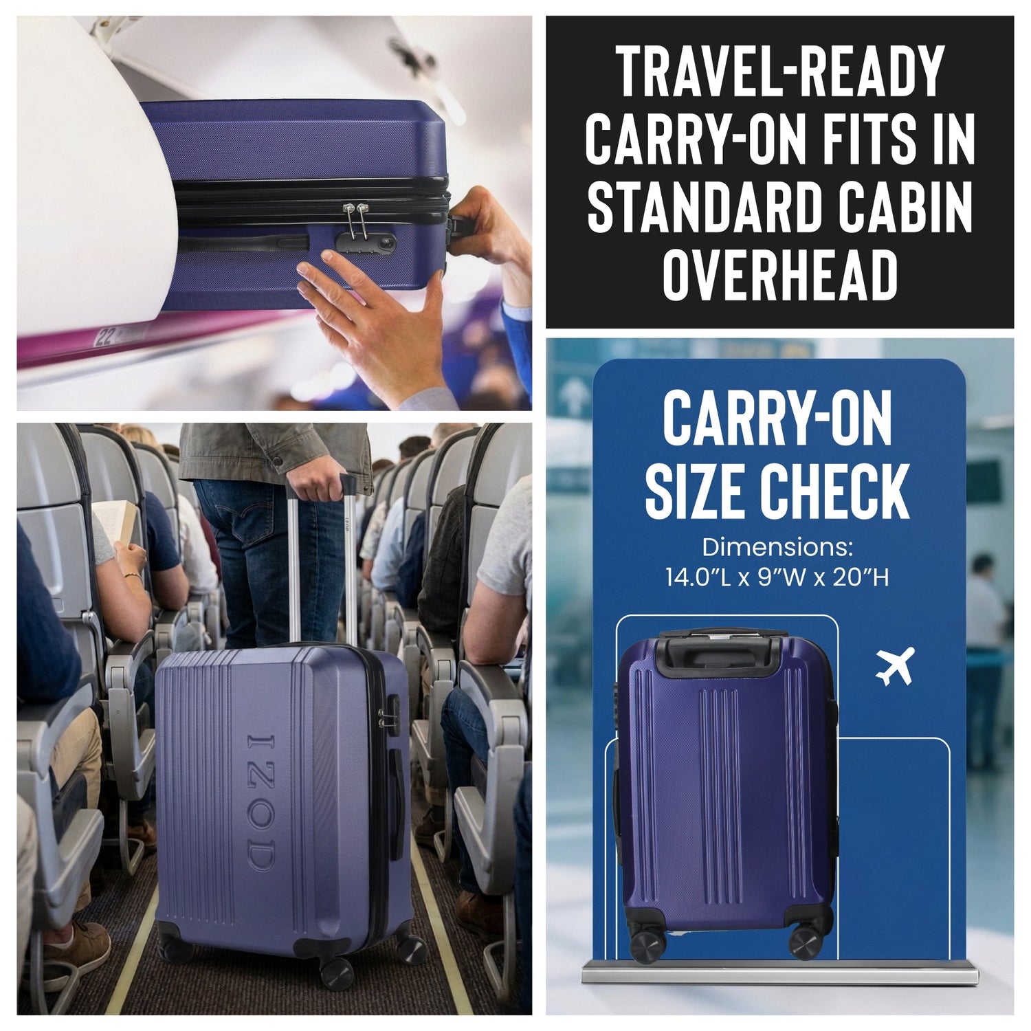 Collage of a travel-ready carry-on suitcase with dimensions and fitting information.