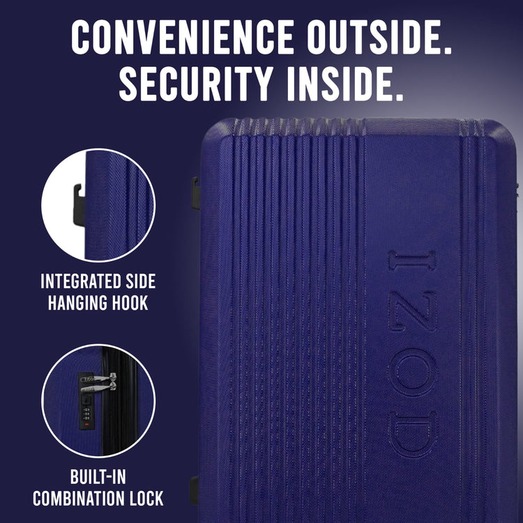 Blue suitcase with text 'Convenience Outside. Security Inside.' and features highlighted.