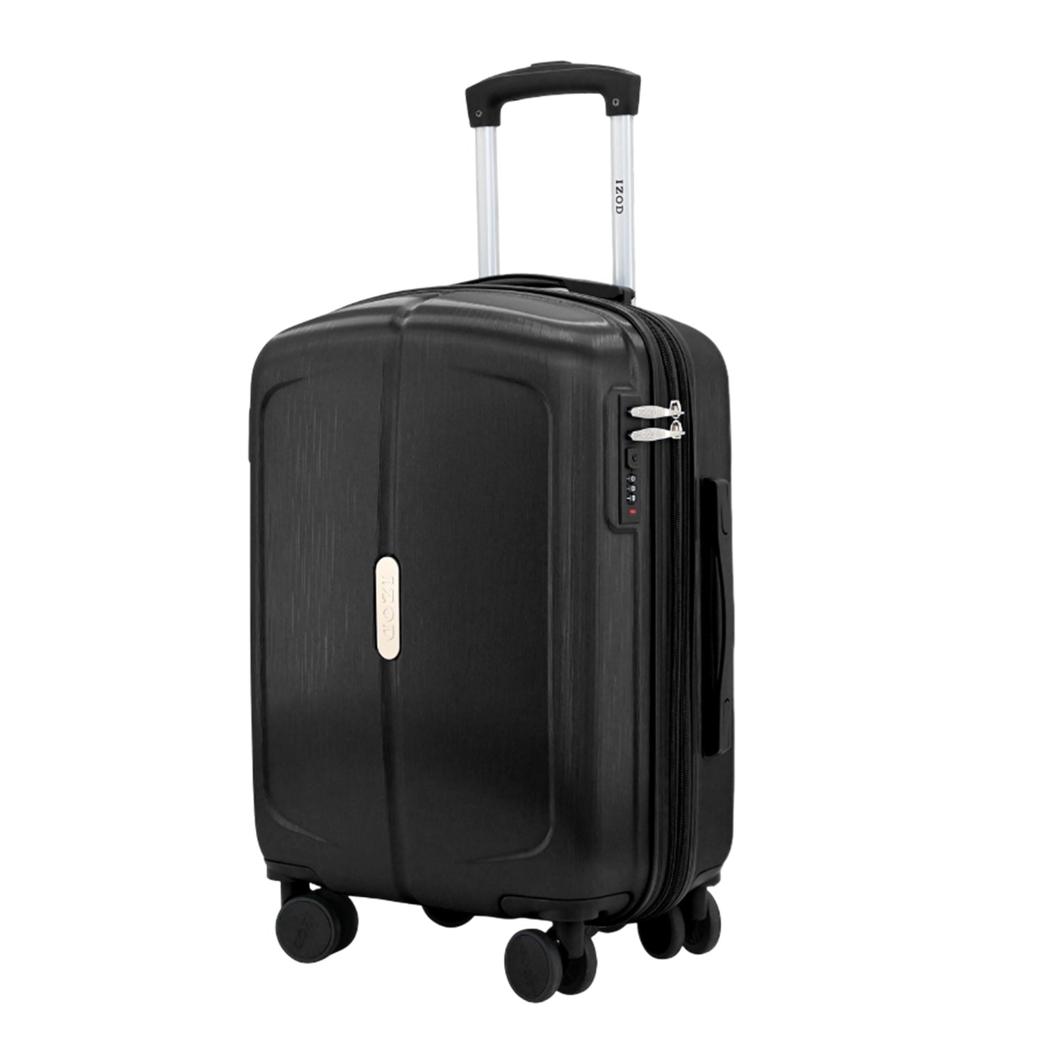 Black suitcase with wheels on a white background