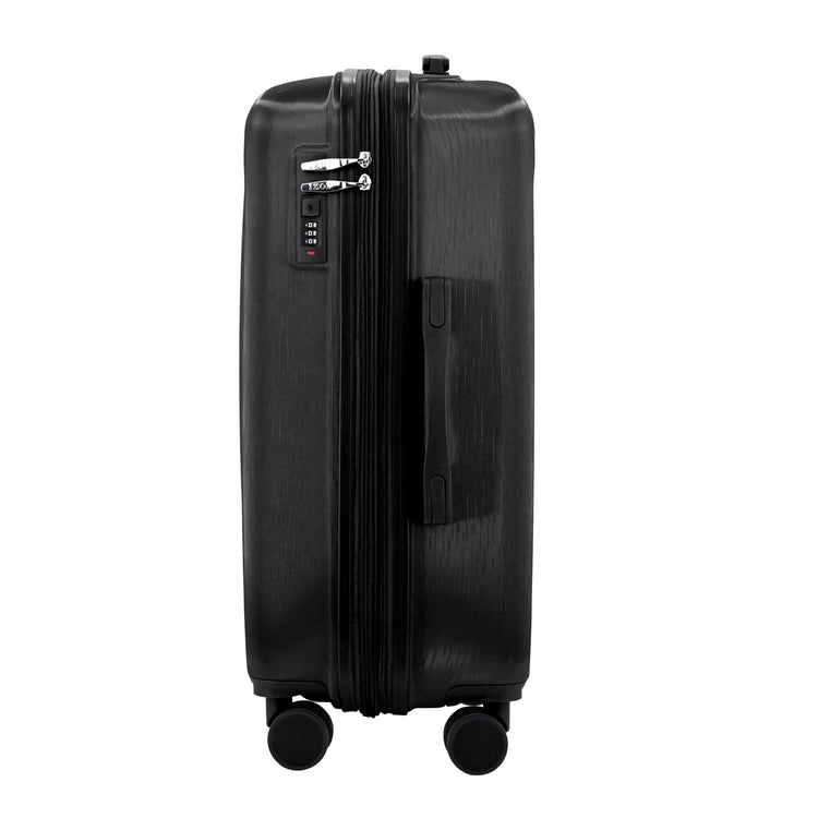 Black suitcase with wheels on a white background
