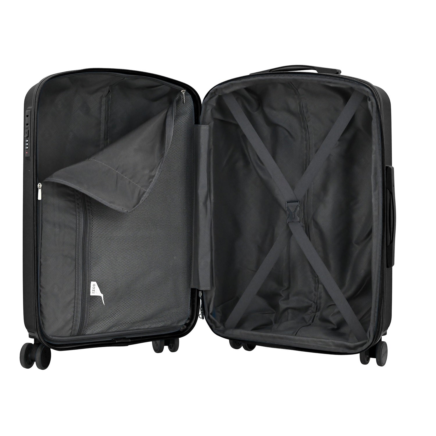 Black open suitcase with interior view on a white background