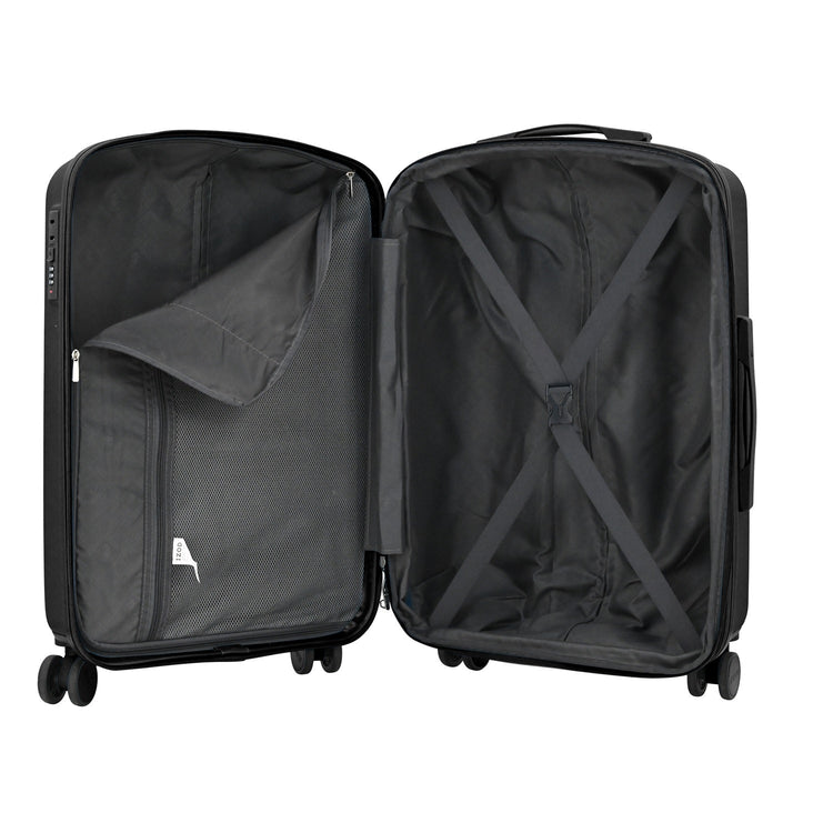 Black open suitcase with interior view on a white background