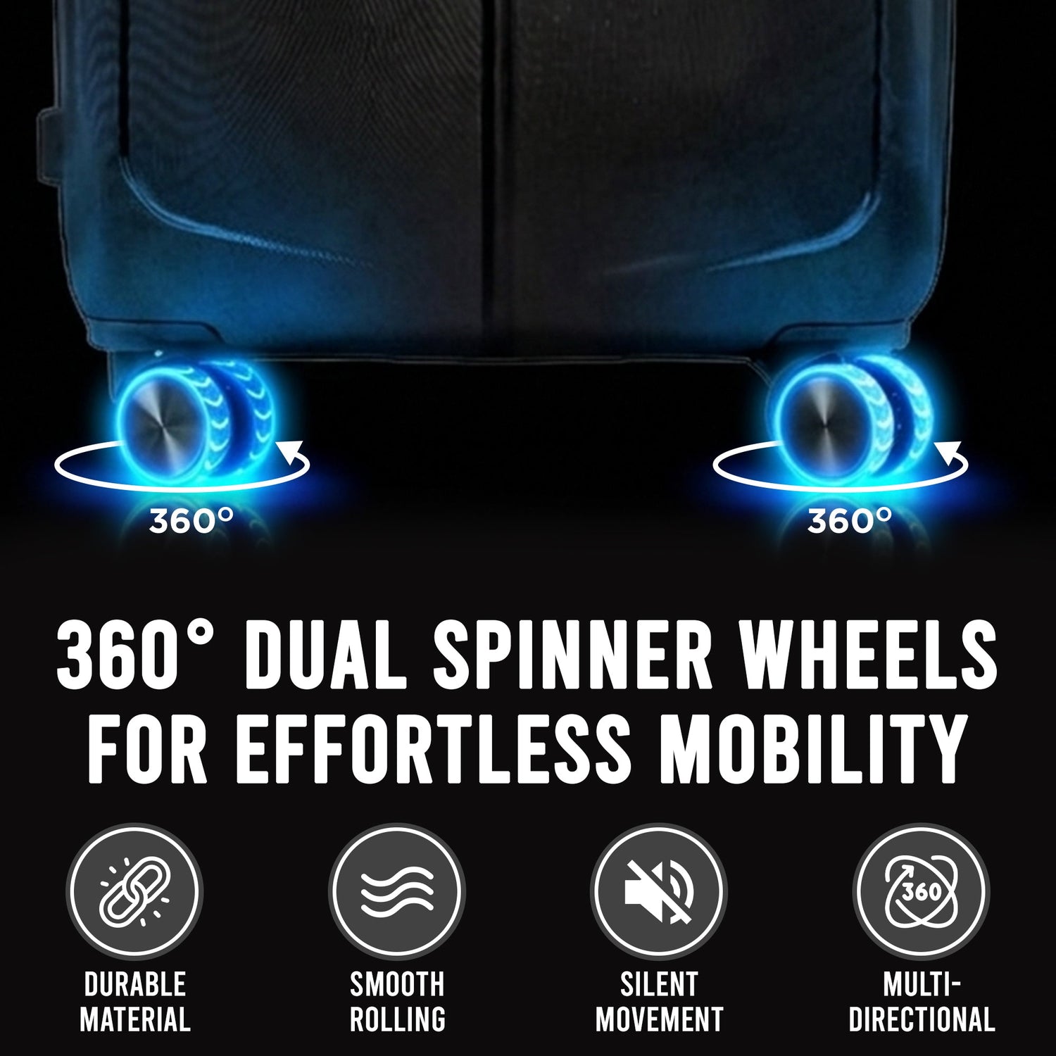 Black suitcase with 360-degree dual spinner wheels on a black background, featuring text and icons about wheel features.