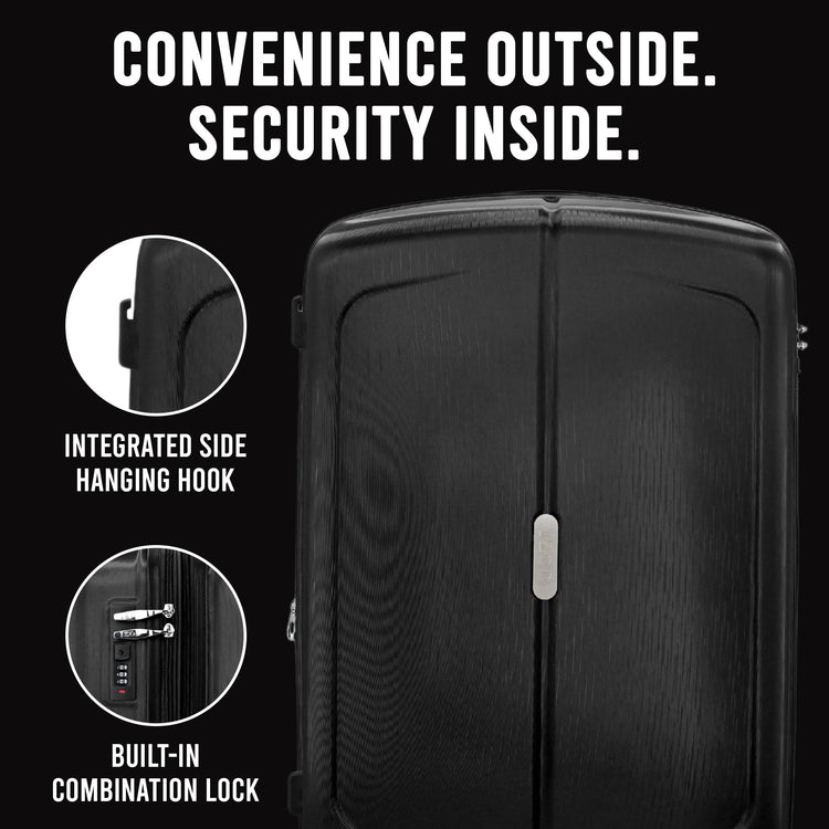Black suitcase with integrated side hanging hook and built-in combination lock on a black background.