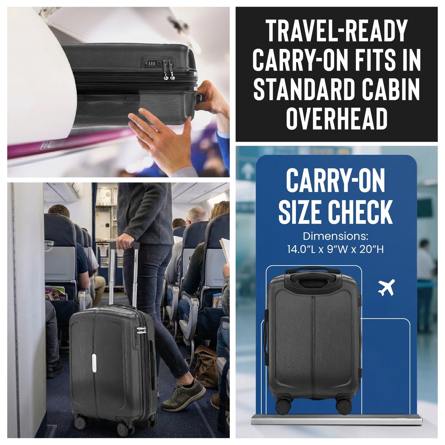Collage of a travel-ready carry-on suitcase with dimensions and fitting information on an airplane.